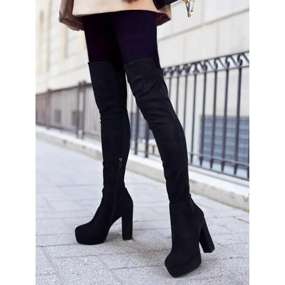 Women Black-pj-suede Synthetic Chunky Heel Side Zipper Thigh High Western Boots